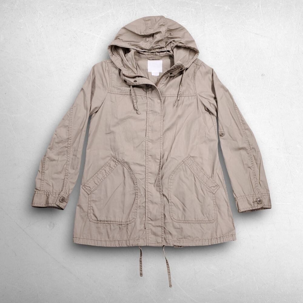 Uniqlo Lightweight Hooded Field Parka Jacket Women M Beige Roll Tab Sleeves